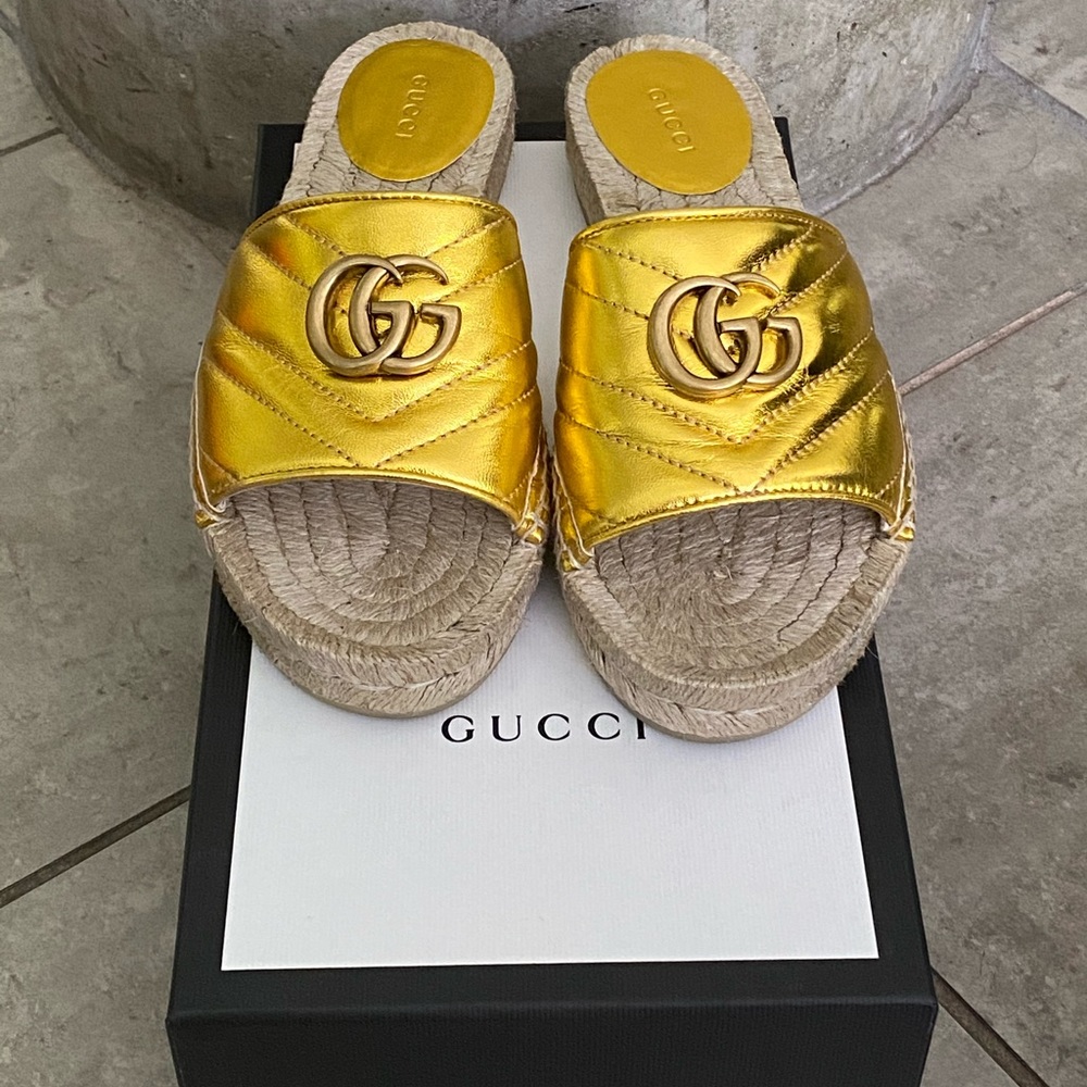 Gucci Gold Metallic Espadrille Sandals